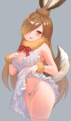 Rule 34 | 1girl, :3, animal ears, bad id, bad twitter id, blush, breasts, brown eyes, brown hair, choir (artist), cleavage, clothes lift, cowboy shot, dress, dress lift, european hare (kemono friends), from side, grey background, hair over one eye, highleg, highleg panties, highres, kemono friends, long hair, looking at viewer, medium breasts, navel, panties, simple background, smile, solo, tail, thighhighs, underwear, white dress, white panties, white thighhighs, wrist cuffs