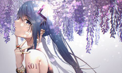 Rule 34 | absurdres, bare shoulders, blue eyes, blue hair, bracelet, commentary, drawing kanon, ear piercing, finger to cheek, flower, gradient background, grey background, hatsune miku, highres, huge filesize, jewelry, looking at viewer, looking to the side, number tattoo, parted lips, piercing, ring, shoulder tattoo, sidelocks, sideways glance, signature, sleeveless, solo, tattoo, twintails, upper body, vocaloid, wisteria