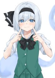 Rule 34 | 1girl, absurdres, black bow, black bowtie, black hairband, blue eyes, bow, bow hairband, bowtie, collared shirt, dot nose, ghost, green skirt, green vest, hair between eyes, hair intakes, hairband, hands up, highres, index finger raised, konpaku youmu, konpaku youmu (ghost), light blush, looking at viewer, pleated skirt, puffy short sleeves, puffy sleeves, ramiki, shirt, short hair, short sleeves, simple background, skirt, skirt set, smile, touhou, upper body, vest, white background, white hair, white shirt, youmu day