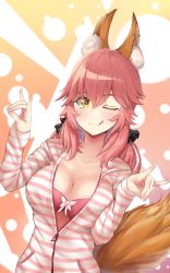 Rule 34 | 10s, 1girl, animal ears, breasts, casual, cleavage, collarbone, fate/extra, fate (series), fox ears, fox tail, highres, hood, hoodie, i.f.s.f, large breasts, official alternate costume, one eye closed, open clothes, open shirt, pink hair, shirt, solo, striped clothes, striped hoodie, tail, tamamo (fate), tamamo no mae (fate/extra), tamamo no mae (spring casual) (fate), tongue, tongue out, type-moon, yellow eyes