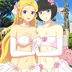 Rule 34 | 2girls, black eyes, black hair, blonde hair, blue eyes, bouquet, breast press, breasts, bride, challengia, cleavage, dress, flat chest, flower, glasses, gloves, hair ornament, jewelry, large breasts, lingerie, long hair, mole, multiple girls, navel, nchans, nchans style, necklace, official art, open mouth, orcaleon, panties, pinchan, short hair, stachan, underwear, wedding, wedding dress, wife and wife