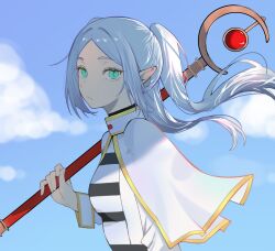 Rule 34 | 1girl, black stripes, blue sky, breasts, capelet, closed mouth, cloud, commentary, day, expressionless, floating hair, frieren, from side, green eyes, grey hair, hair intakes, high collar, highres, holding, holding staff, long hair, long sleeves, looking at viewer, looking to the side, mage staff, outdoors, over shoulder, pointy ears, shirt, sidelocks, sideways glance, sky, small breasts, solo, sousou no frieren, staff, straight hair, striped clothes, striped shirt, talnory, thick eyelashes, turning head, twintails, upper body, weapon, weapon over shoulder, white capelet, white shirt