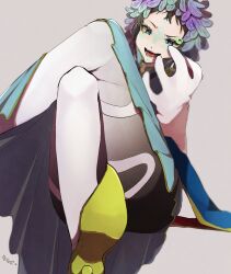 Rule 34 | 1other, androgynous, blue eyes, dress, facepaint, facial mark, feathers, forehead mark, gnosia, green eyes, green hair, headphones, long sleeves, looking at viewer, makeup, open mouth, other focus, raqio, short hair, simple background, solo, tattoo, user mtgd3735
