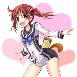 Rule 34 | 1girl, :d, animal, bent over, blue bow, blue bowtie, blush, bow, bowtie, brown eyes, brown hair, hair bobbles, hair ornament, heart, ichimi, isshiki akane, isshiki momo, long sleeves, looking at viewer, open mouth, otter, outstretched arms, school uniform, shirt, short shorts, shorts, smile, solo, twintails, uso-kun, vividred operation