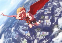 Rule 34 | 1boy, age regression, aged down, blonde hair, boku no hero academia, child, cityscape, cloud, cloudy sky, commentary request, fukurau, hawks (boku no hero academia), looking down, male focus, red wings, sky, solo, stuffed toy, wings