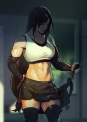 1girl, abs, black skirt, crop top, elbow gloves, final fantasy, final fantasy vii, final fantasy vii remake, gloves, highres, long hair, looking down, low-tied long hair, maren marmulla, muscular, muscular female, navel, pleated skirt, skirt, solo, stomach, tank top, thighhighs, tifa lockhart, toned, undressing, white tank top