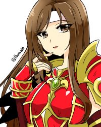Rule 34 | 1girl, altena (fire emblem), armor, breastplate, brown eyes, brown hair, female focus, fire emblem, fire emblem: genealogy of the holy war, headband, lips, long hair, looking at viewer, nintendo, open mouth, parted bangs, shoulder armor, simple background, solo, twitter username, upper body, white background, white headband, yukia (firstaid0)