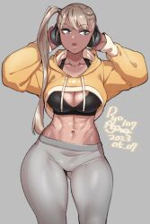 Rule 34 | 1girl, agawa ryou, arms up, breasts, cleavage, commentary, crop top, cropped hoodie, dark-skinned female, dark skin, dated, english commentary, gluteal fold, headphones, hood, hoodie, large breasts, long hair, midriff, muscular, muscular female, navel, original, pants, side ponytail, signature, simple background, solo, tan, tanline, tight clothes, tight pants, yoga pants