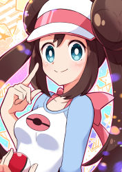 Rule 34 | 1girl, back bow, back ribbon, blue eyes, bow, breasts, brown hair, clenched hands, creatures (company), doughnut hair bun, eyelashes, female focus, finger to cheek, fingernails, game freak, hair bun, hands up, happy, haru (haruxxe), highres, holding, holding poke ball, index finger raised, light blush, long hair, long twintails, looking at viewer, medium sleeves, multicolored background, neck, nintendo, pink bow, pink ribbon, poke ball, poke ball symbol, pokemon, pokemon bw2, print shirt, ribbon, rosa (pokemon), shiny clothes, shiny skin, shirt, sidelocks, small breasts, smile, standing, star (symbol), starry background, twintails, two-tone headwear, two-tone shirt, very long hair, visor cap