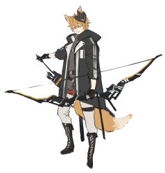Rule 34 | 1boy, absurdres, alternate costume, animal ears, arrow (projectile), black coat, black footwear, black gloves, blue eyes, boots, bow (weapon), coat, cross-laced footwear, fox boy, fox ears, fox tail, genshin impact, gloves, hair between eyes, highres, holding, holding arrow, holding bow (weapon), holding weapon, hood, hood down, lace-up boots, male focus, mask, mask on head, orange hair, pants, papajay (jennygin2), quiver, simple background, solo, standing, tail, tartaglia (genshin impact), weapon, white background