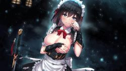Rule 34 | 1girl, apron, black hair, black skirt, black sleeves, blue eyes, blush, bow, bowtie, breasts, closed mouth, covering privates, covering one breast, detached sleeves, frilled apron, frills, game cg, hair between eyes, hair ribbon, highres, large breasts, long hair, looking at viewer, maid, maid headdress, night, outdoors, red bow, red bowtie, red ribbon, ribbon, skirt, smile, solo, sword, torn clothes, torn skirt, waist apron, weapon, white apron, wing collar, wish (momentum games)