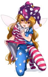 Rule 34 | 1girl, absurdres, american flag dress, bad id, bad twitter id, blonde hair, clothes lift, clownpiece, dress, dress lift, fairy wings, full body, hat, highres, jester cap, kneeling, lifting own clothes, long hair, looking at viewer, neck ruff, open mouth, pantyhose, polka dot, red eyes, short dress, short sleeves, simple background, solo, star (symbol), star print, striped clothes, striped dress, striped pantyhose, sweat, touhou, very long hair, wavy hair, white background, wings, zuwatake