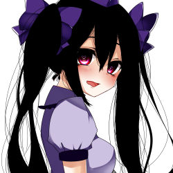 Rule 34 | 1girl, black hair, blush, hair ribbon, hat, hata-tan (rui (hershe)), heart, heart-shaped pupils, himekaidou hatate, long hair, looking at viewer, mashiro (iityannz), open mouth, puffy sleeves, red eyes, ribbon, shirt, short sleeves, simple background, solo, symbol-shaped pupils, tokin hat, touhou, twintails, upper body, white background
