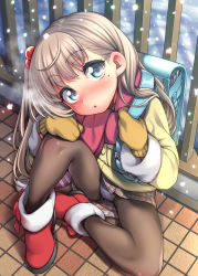 Rule 34 | 1girl, backpack, bag, black pantyhose, blue eyes, boots, breath, commentary request, fur trim, gloves, hair ornament, head tilt, knee up, light brown hair, long hair, looking at viewer, mole, mole under eye, original, panties, panties under pantyhose, pantyhose, randoseru, red footwear, scarf, sitting, snow, solo, underwear, uousa-ou