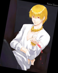 Rule 34 | 1boy, alcohol, bad id, bad pixiv id, blonde hair, earrings, fate/stay night, fate/zero, fate (series), gilgamesh (fate), gradient background, highres, jewelry, male focus, official alternate costume, red eyes, sawa kei, short hair, solo, wine