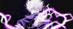 Rule 34 | 1boy, black background, black jacket, blue eyes, blurry, blurry foreground, colored eyelashes, covered mouth, eyelashes, glowing, glowing eye, gojou satoru, hair between eyes, hair over one eye, hakumaisan112, hand up, hands up, high collar, highres, incoming attack, jacket, jujutsu kaisen, lightning, looking at viewer, male focus, one eye covered, portrait, shadow, short hair, solo, white hair
