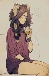 Rule 34 | 1girl, absurdres, aidenr0, alternate costume, animal ears, bags under eyes, black hair, closed mouth, commentary, couch, cup, english commentary, fire emblem, fire emblem awakening, grey background, hair around ear, highres, holding, holding cup, long hair, nintendo, on couch, panne (fire emblem), purple shirt, shirt, simple background, sitting, solo, taguel, teacup