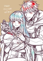 Rule 34 | 1girl, 2boys, baby, bare shoulders, blue eyes, blue hair, blush, brown background, cape, clenched teeth, dress, eliwood (fire emblem), family, father and son, fire emblem, fire emblem: the binding blade, fire emblem: the blazing blade, hair ornament, happy, husband and wife, light blue hair, long hair, long sleeves, looking at another, monochrome, mother and son, multiple boys, ninian, nintendo, red eyes, red hair, roy (fire emblem), short hair, silver hair, simple background, smile, spot color, teeth