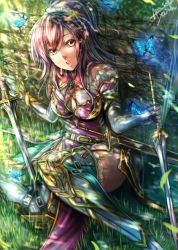 Rule 34 | 1girl, amasaki yusuke, armor, breasts, brown eyes, bug, butterfly, cleavage, detached sleeves, dual wielding, garter straps, holding, holding sword, holding weapon, bug, long hair, open mouth, original, pink hair, sitting, solo, sword, thighhighs, weapon