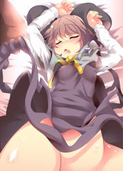 Rule 34 | 1girl, aki (akikaze asparagus), animal ears, arms up, blush, breasts, capelet, chestnut mouth, clothes lift, covered erect nipples, dress, dress lift, closed eyes, female focus, grey eyes, grey hair, lying, medium breasts, mouse ears, nazrin, no panties, on back, open mouth, out-of-frame censoring, saliva, short hair, sleeping, solo, touhou