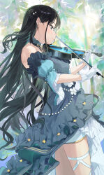 Rule 34 | 1girl, absurdres, aqua dress, black hair, blush, detached sleeves, dress, forest, from side, gloves, hair bun, highres, holding instrument, holding violin, idolmaster, idolmaster shiny colors, instrument, kazano hiori, mole, mole under mouth, music, nature, one side up, playing instrument, profile, single side bun, uouokuma, violin, white gloves