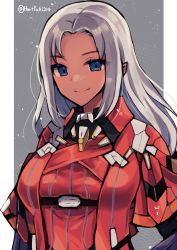Rule 34 | 1girl, absurdres, blue eyes, breasts, closed eyes, closed mouth, dark-skinned female, dark skin, elma (xenoblade x), forehead, grey background, grey hair, haruto yuki, highres, long hair, looking at viewer, looking back, medium breasts, military, military uniform, outside border, pillarboxed, simple background, smile, solo, twitter username, underbust, uniform, upper body, xenoblade chronicles (series), xenoblade chronicles x