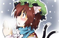 Rule 34 | 1girl, animal ears, blush, breath, brown eyes, brown hair, cat ears, cat girl, cat tail, chen, earrings, female focus, gradient background, hariya, hat, jewelry, multiple tails, outdoors, own hands together, short hair, snow, solo, tail, touhou, upper body, white background
