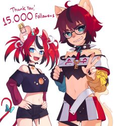 Rule 34 | 2girls, aeiou (yoako), ahoge, animal ears, bare shoulders, black-framed eyewear, black gloves, black hair, black shorts, blue eyes, breasts, cat ears, cat girl, cat tail, collar, collarbone, cosplay, crop top, furry, furry female, glasses, gloves, grin, hakos baelz, hakos baelz (1st costume), hakos baelz (cosplay), hands on own hips, highres, hololive, hololive english, long sleeves, looking at viewer, medium breasts, milestone celebration, mouse ears, mouse girl, mouse tail, multiple girls, navel, original, parted lips, red hair, sharp teeth, short hair, short twintails, shorts, single glove, skirt, small breasts, smile, spiked collar, spikes, tail, teeth, twintails, v, virtual youtuber, white hair, yoako