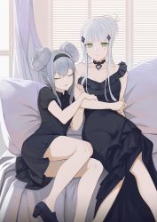 Rule 34 | 2girls, anizi, bare shoulders, black dress, black footwear, breasts, closed eyes, collarbone, commentary request, covered navel, dress, g11 (girls&#039; frontline), girls&#039; frontline, green eyes, grey hair, hair between eyes, hair ornament, highres, hk416 (girls&#039; frontline), long hair, looking at viewer, lying, medium breasts, multiple girls, on side, shoes, short sleeves, sitting, sleeveless, sleeveless dress
