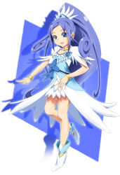 Rule 34 | 1girl, asymmetrical clothes, blue background, blue bow, blue eyes, blue hair, boots, bow, bracelet, brooch, choker, cure diamond, curly hair, diamond (shape), dokidoki! precure, dress, earrings, full body, heart, heart brooch, high heels, hishikawa rikka, jewelry, kenbi (hi himmy), long hair, magical girl, matching hair/eyes, mosaic background, name connection, object namesake, ponytail, precure, ribbon, shoes, smile, solo, standing, standing on one leg, grid background