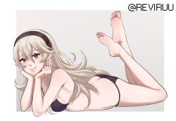 Rule 34 | 1girl, alternate costume, ass, barefoot, bikini, black bikini, black hairband, breasts, butt crack, corrin (female) (fire emblem), corrin (fire emblem), crossed ankles, feet, feet up, fire emblem, fire emblem fates, grey background, hairband, head rest, highres, legs up, long hair, looking at viewer, lying, medium breasts, nintendo, on stomach, pointy ears, red eyes, reviruu, sideboob, simple background, smile, soles, solo, swimsuit, the pose, toes, twitter