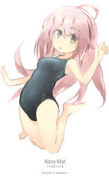 Rule 34 | 1girl, ahoge, barefoot, blush, brown eyes, highres, jumping, konno takashi (frontier pub), long hair, looking at viewer, one-piece swimsuit, open mouth, original, pink hair, school swimsuit, solo, swimsuit