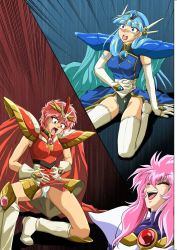 Rule 34 | 3girls, armor, boots, breasts, cyclone (reizei), gloves, highres, knee boots, kneeling, large breasts, magic knight rayearth, medium breasts, multiple girls, nova (magic knight rayearth), pauldrons, ryuuzaki umi, shidou hikaru, shoulder armor, tears, thigh boots, thighhighs
