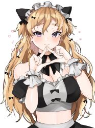 Rule 34 | 1girl, alternate costume, animal ears, bare shoulders, black ribbon, blonde hair, blush, braid, breasts, cat ears, cleavage, closed mouth, crop top, fake animal ears, frills, hair ribbon, heart, highres, kantai collection, large breasts, long hair, looking at viewer, maid headdress, purple eyes, ribbon, side braid, simple background, solo, toriniku senshi chikinman, triangle hands, upper body, wavy hair, white background, zara (kancolle)