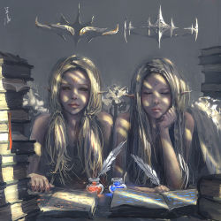 Rule 34 | 2girls, angel, arm support, blonde hair, book, elf, halo, inkwell, long hair, multiple girls, open book, pointy ears, quill, reading, realistic, red eyes, wings, wlop