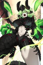 1girl absurdres armor black_armor black_helmet black_sclera breasts colored_sclera demon_horns diabellstar_the_black_witch diabellstar_the_sin_adjudicator dragon_wings duel_monster eye_trail ganesagi green_eyes green_hair green_wings helmet highres horns incoming_attack large_breasts light_trail long_hair midriff multicolored_hair open_mouth sharp_teeth simple_background single_bare_leg solo teeth very_long_fingernails wings yu-gi-oh!