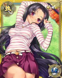 Rule 34 | 1girl, arms up, belt, black hair, breasts, card (medium), hikage eiji, koihime musou, long hair, looking at viewer, lying, midriff, navel, official art, on back, red eyes, shirt, shuutai, skirt, smile, solo, striped clothes, striped shirt, very long hair