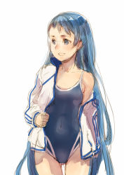 Rule 34 | 10s, 1girl, alternate costume, blue eyes, blue hair, branch (blackrabbits), competition school swimsuit, jacket, kantai collection, long hair, matching hair/eyes, off shoulder, one-piece swimsuit, open clothes, open jacket, samidare (kancolle), school swimsuit, simple background, sketch, smile, solo, swimsuit, swimsuit under clothes, track jacket, white background