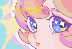 Rule 34 | 1girl, aqua background, artist name, blonde hair, blue eyes, close-up, closed mouth, curly hair, highres, hua hua de meme, looking at viewer, looking to the side, original, pink lips, portrait, sample watermark, short eyebrows, solo, sparkle, sparkling eyes, watermark