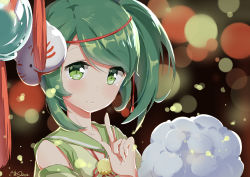 Rule 34 | 1girl, absurdres, artist name, blush, choukai (warship girls r), closed mouth, cotton candy, dated, detached sleeves, green eyes, green hair, green shirt, highres, index finger raised, lizi, looking at viewer, mask, mask on head, matching hair/eyes, portrait, remodel (warship girls r), sailor collar, shirt, side ponytail, signature, smile, solo, warship girls r