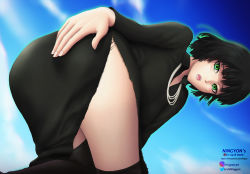 Rule 34 | 1girl, artist name, ass, black hair, breasts, dress, from behind, fubuki (one-punch man), green eyes, highres, huge ass, large breasts, looking at viewer, looking back, ningyon mereman, one-punch man, open mouth, shiny clothes, shiny skin, short hair, sideboob, solo, thighhighs