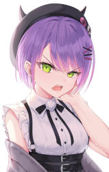 Rule 34 | 1girl, absurdres, angry, badge, bare shoulders, belt buckle, black hat, breasts, buckle, button badge, ear piercing, green eyes, hand up, hat, highres, hololive, looking at viewer, medium breasts, open mouth, piercing, purple hair, shirt, short hair, simple background, sleeveless, sleeveless shirt, solo, suspenders, taiga (ryukyu-6102-8), tokoyami towa, upper body, v-shaped eyebrows, virtual youtuber, white background, white shirt
