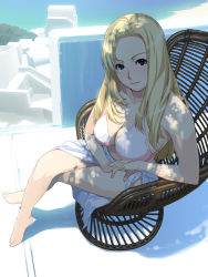 Rule 34 | 1girl, barefoot, bikini, bikini top only, blonde hair, blue eyes, breasts, chair, cleavage, crossed legs, dappled sunlight, feet, highres, ino (magloid), interlocked fingers, large breasts, light smile, lips, long hair, ocean, own hands clasped, own hands together, rooftop, sarong, shade, shadow, sideboob, sitting, skindentation, solo, stairs, sunlight, swimsuit, toe-point, toes, white theme