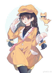Rule 34 | 1girl, absurdres, bag, benyue xiao kui, black hair, black pantyhose, bow, braid, brown eyes, buttons, cardcaptor sakura, chinese commentary, commentary request, daidouji tomoyo, dotted background, feet out of frame, glasses, hair bow, hand up, handbag, hat, high collar, highres, jacket, kero (cardcaptor sakura), long hair, looking at viewer, open mouth, pantyhose, round eyewear, smile, standing, sunglasses, twin braids, weibo logo, weibo watermark, white background, yellow headwear, yellow jacket