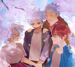 Rule 34 | 1girl, 3boys, alternate hair color, belt, black jacket, black legwear, black pants, blue eyes, blue shirt, blue sky, boku no hero academia, burn scar, cherry blossoms, closed eyes, cloud, collarbone, collared jacket, dabi (boku no hero academia), eyebrows, eyelashes, family, flower, glasses, hair between eyes, happy, holding hands, hood, hood down, hoodie, jacket, long sleeves, mm39572, multicolored hair, multiple boys, pale skin, pants, patchwork skin, petals, pink skirt, profile, red hair, red hoodie, scar, scar across eye, scar on face, shirt, shirt tucked in, short hair, siblings, skirt, sky, sleeves past elbows, smile, spoilers, stitched face, stitched mouth, stitches, todoroki fuyumi, todoroki natsuo, todoroki shouto, todoroki touya, two-tone hair, white hair, white shirt