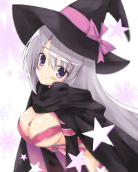 Rule 34 | 1girl, ayachi nene, belt, belt bra, black cloak, black headwear, blush, breasts, cleavage, cloak, closed mouth, commentary, eyelashes, eyes visible through hair, from side, grey hair, hair between eyes, hat, head tilt, highres, jewelry, large breasts, leaning forward, long hair, necklace, pink belt, purple eyes, sanoba witch, simple background, smile, solo, star (symbol), teacat310, upper body, white background, witch, witch hat
