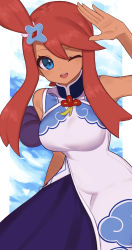 Rule 34 | 1girl, ;d, blue eyes, breasts, china dress, chinese clothes, commentary request, creatures (company), dark-skinned female, dark skin, dress, formal, game freak, hair ornament, hand up, highres, large breasts, long hair, looking at viewer, nintendo, nuneno, official alternate costume, one eye closed, one side up, open mouth, pokemon, pokemon masters ex, red hair, salute, short hair with long locks, sidelocks, skyla (anniversary 2022) (pokemon), skyla (pokemon), sleeveless, sleeveless dress, smile, solo