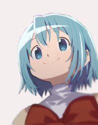 Rule 34 | 1girl, blue eyes, blue hair, blurry, blush, bow, bowtie, closed mouth, commentary, depth of field, from below, highres, looking at viewer, mahou shoujo madoka magica, mahou shoujo madoka magica (anime), miki sayaka, mitakihara school uniform, pianzu mao, portrait, red bow, red bowtie, school uniform, shirt, short hair, simple background, sketch, smile, solo, sweater, white background, white shirt, yellow sweater