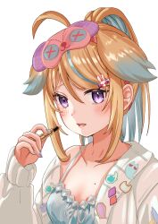 Rule 34 | 1girl, absurdres, ahoge, animal ears, applying makeup, blonde hair, blue nails, blush, collarbone, colored inner hair, cosmetics, dog ears, fang, hair between eyes, hair ornament, hairclip, high ponytail, highres, holding, holding lipstick tube, lingmu, lipstick tube, looking at viewer, mask, mask on head, mole on chest, multicolored hair, nightgown, open mouth, purple eyes, rabbit hair ornament, shinsougumi, shitagai nora, single off shoulder, sleep mask, sleepwear, solo, two-tone hair, virtual youtuber