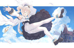 Rule 34 | 1girl, absurdres, armpits, barbara (genshin impact), black footwear, blonde hair, blue sky, blush, border, castle, closed eyes, cloud, cross, detached sleeves, dress, feathers, floating, full body, genshin impact, gold trim, hat, highres, knee up, latin cross, legs, long sleeves, navel, no panties, open mouth, outstretched arms, panties, pantyhose, pantyshot, puffy long sleeves, puffy sleeves, sailor hat, sky, smile, solo, stole, twintails, ukiwakisen, underwear, white border, white dress, white pantyhose, wide shot, wind, wind lift, wings
